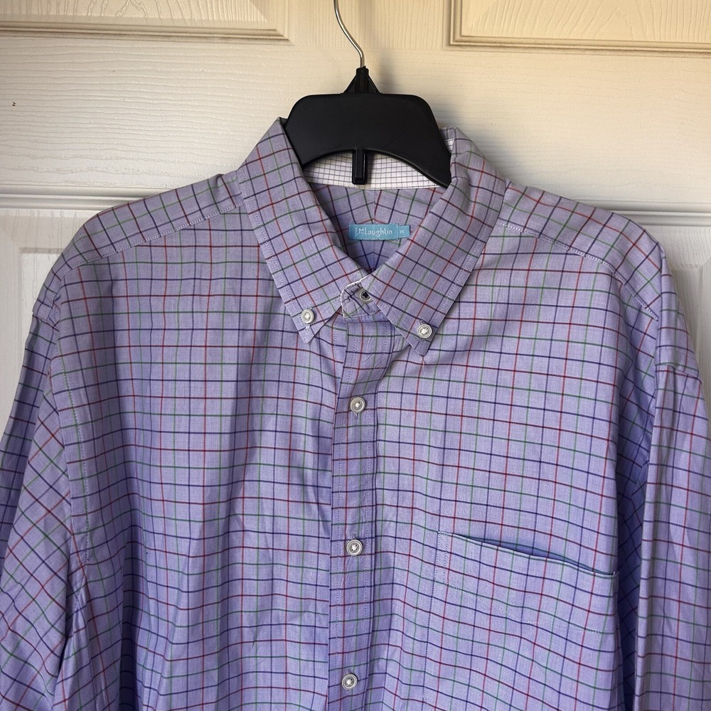 J McLaughlin Men's Dress Office Shirt Blue Plaid Button Down 100% Cotton Med BxQ - Picture 2 of 7